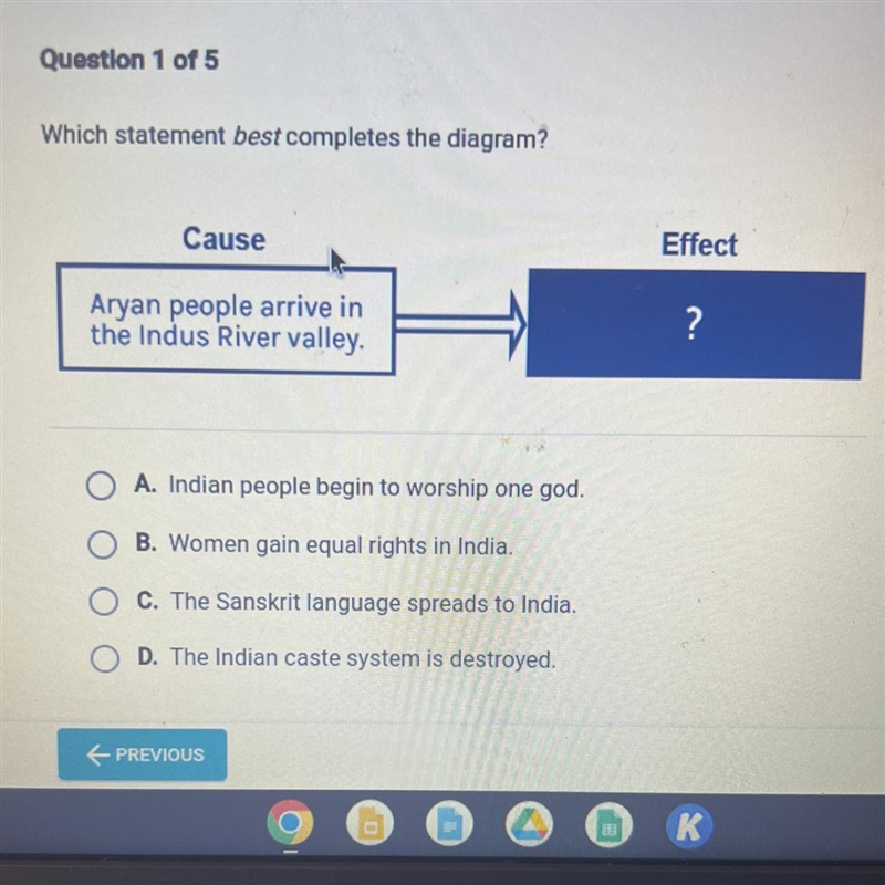 Which statement best completes the diagram? Cause Effect Aryan people arrive in the-example-1