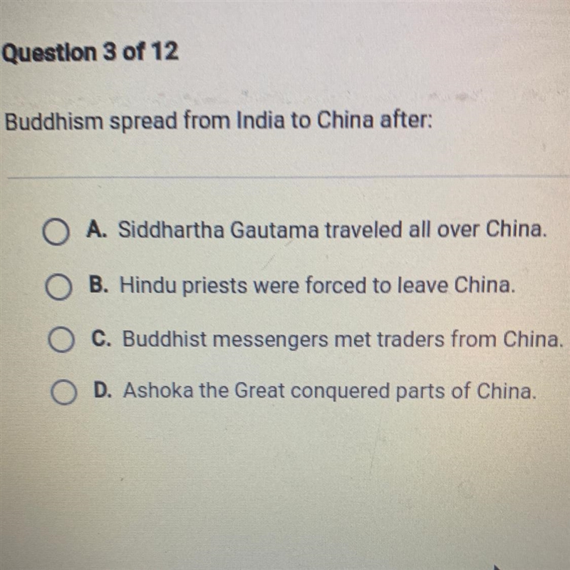 Buddhism spread from India to China after:-example-1