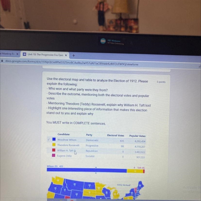 Use the electoral map and table to analyze the Election of 1912. Please explain the-example-1