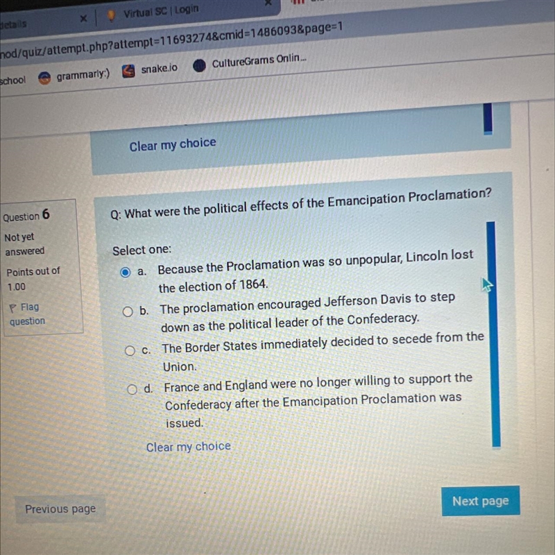 6 t of Q: What were the political effects of the Emancipation Proclamation? Select-example-1