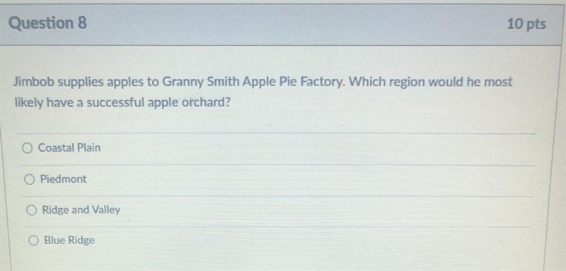 Jimbob supplies apples to Granny Smith Apple Pie Factory. Which region would he most-example-1