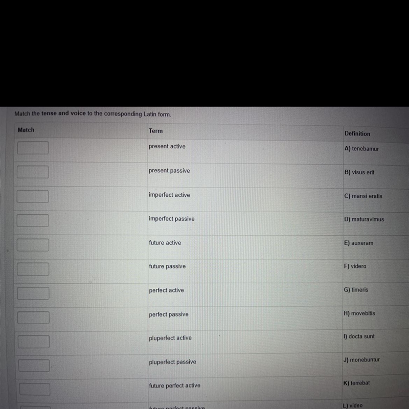 Match the tense and voice to the corresponding latin form-example-1