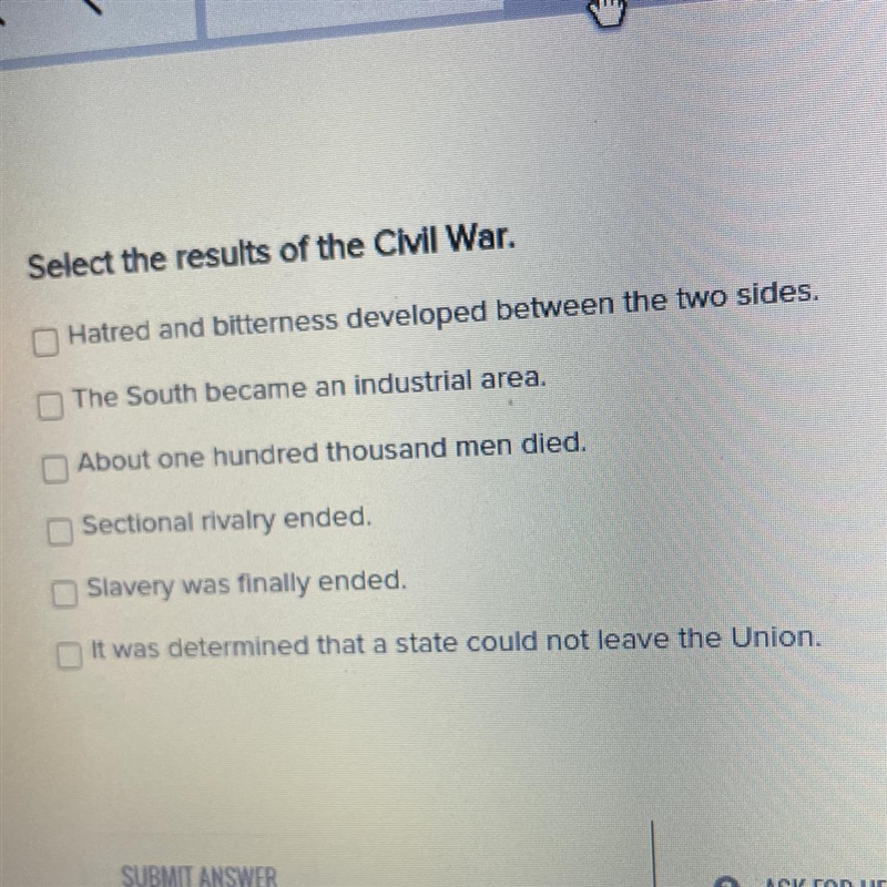 Select the results of the civil war please help asap ! Need to get it done quick-example-1