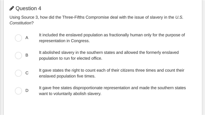 How did the Three-Fifths Compromise deal with the issue of slavery in the U.S. Constitution-example-1