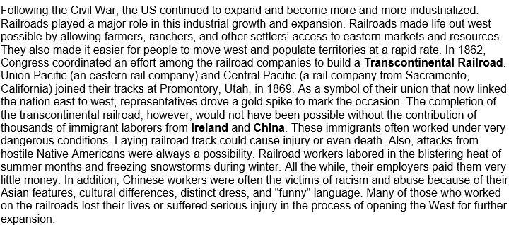 Describe the working conditions of most immigrants working on the Transcontinental-example-1