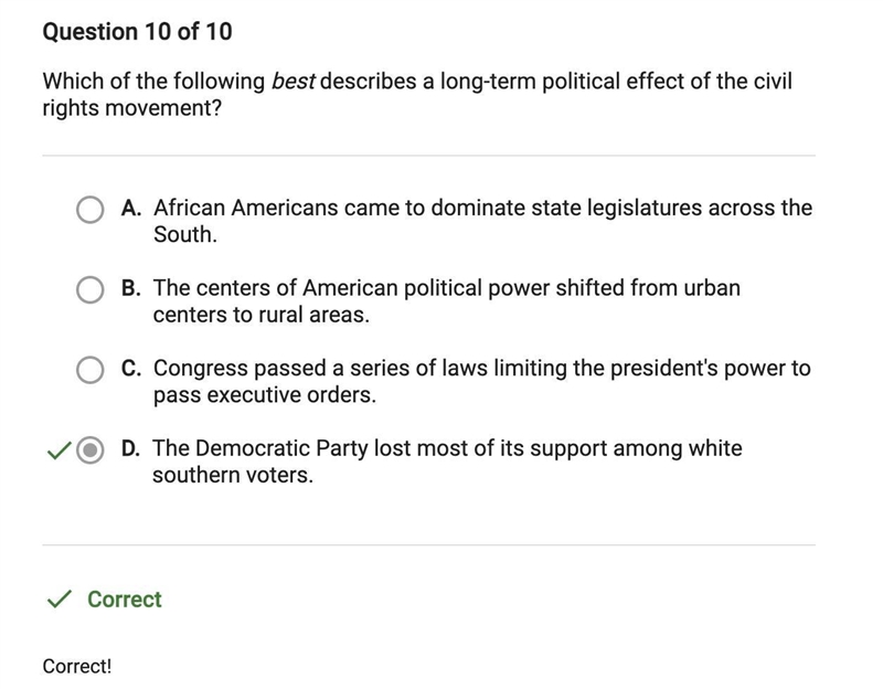 Which of the following best describes a long term political effect of the civil rights-example-1