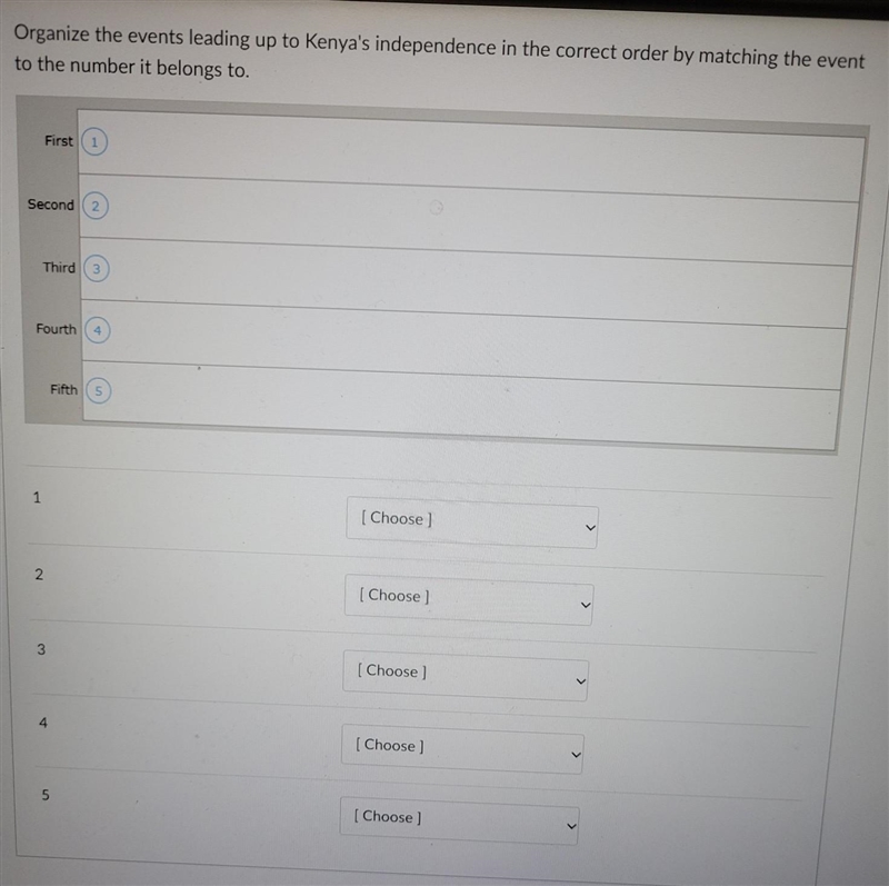 Organize the events leading up to Kenya's independence in the correct order by matching-example-1