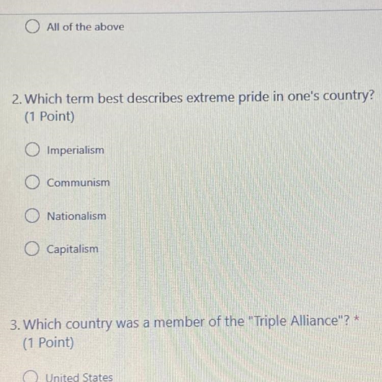 2. Which term best describes extreme pride in one's country? (1 Point) o Imperialism-example-1