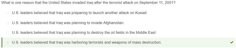 What is one reason that the United States invaded Iraq after the terrorist attack-example-1