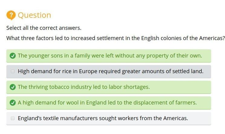 What three factors led to increased settlement in the English colonies of the American-example-1