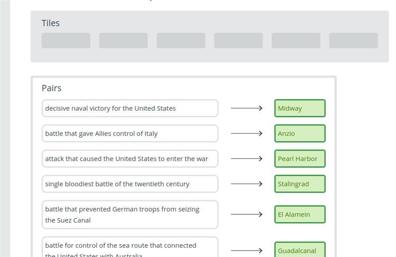 Drag each tile to the correct box. Match each battle with its description.-example-1