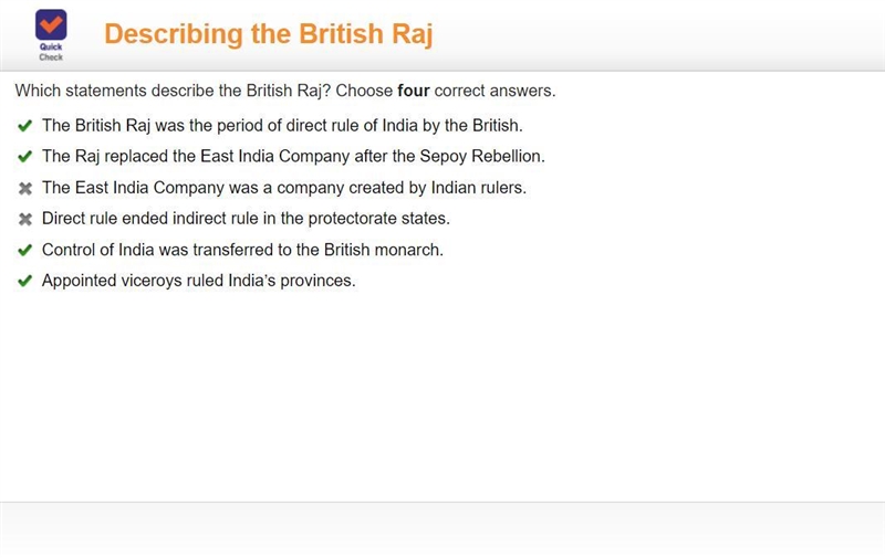 Which statements describe the British Raj? Choose four correct answers. A. The British-example-1