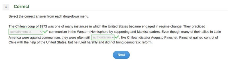 Select the correct answer from each drop-down menu. The Chilean coup of 1973 was one-example-1