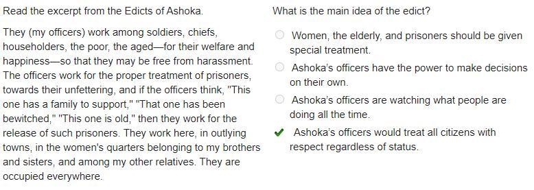 Read the excerpt from the Edicts of Ashoka. What is the main idea of the edict? They-example-1