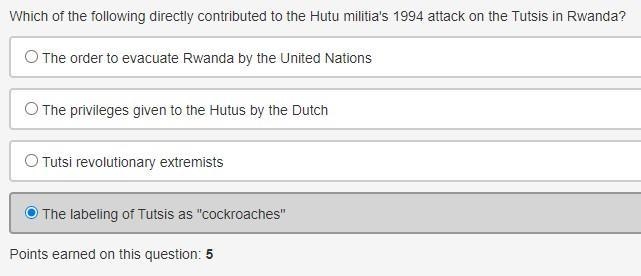 Which of the following directly contributed to the Hutu militia's 1994 attack on the-example-1