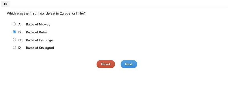 Which was the first major defeat in Europe for Hitler? A. Battle of Midway B. Battle-example-1