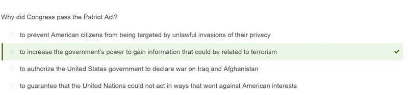 Why did Congress pass the Patriot Act? A.to guarantee that the United Nations could-example-1