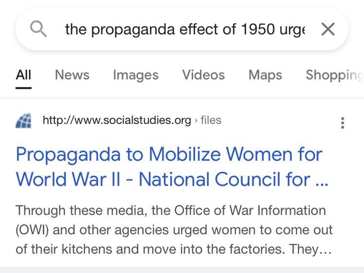 The propaganda effort of the 1950e urged women to do what?​-example-1