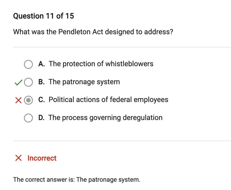 What was the Pendleton Act designed to address? • A. The protection of whistleblowers-example-1