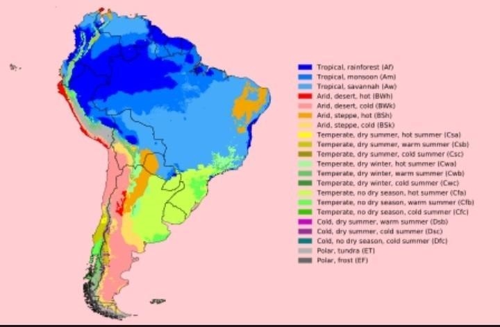 Which climate is located east of the Andes range and includes the Amazon baskn-example-1