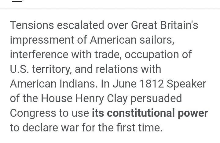 1. Why did Congress declare war on Britain in 1812? 2. How did Jefferson react to-example-1