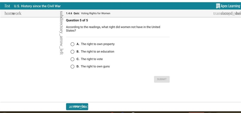 According to the readings, what right did women not have in the United States? OA-example-1