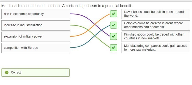 Match each reason behind the rise in American imperialism to a potential benefit.​-example-1