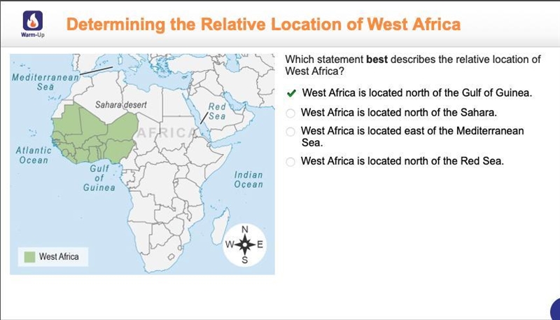 Which statement best describes the relative location of West Africa? West Africa is-example-1