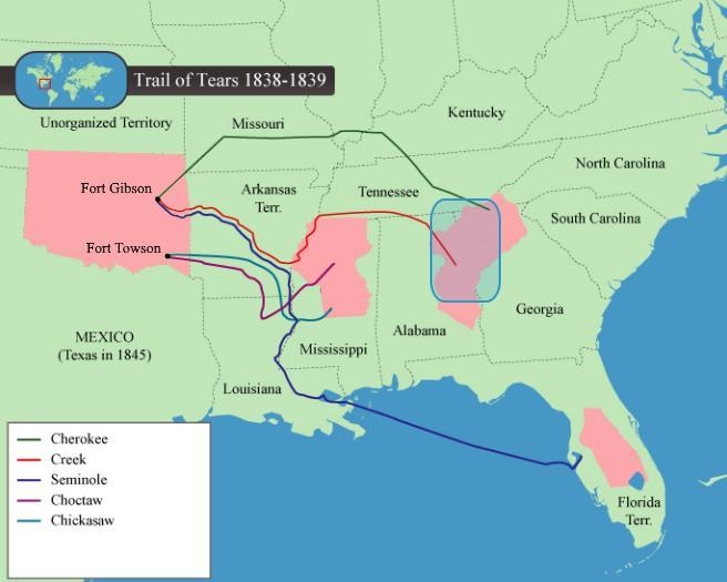 Identify the location of indian territory that tribes were forced to relocate to using-example-1