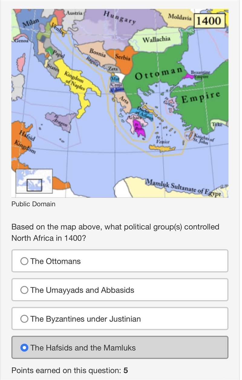 Based on the map above, what political group(s) controlled North Africa in 1400?-example-1