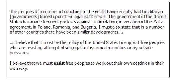 This is a quote from a speech that greatly influenced United States foreign policy-example-1