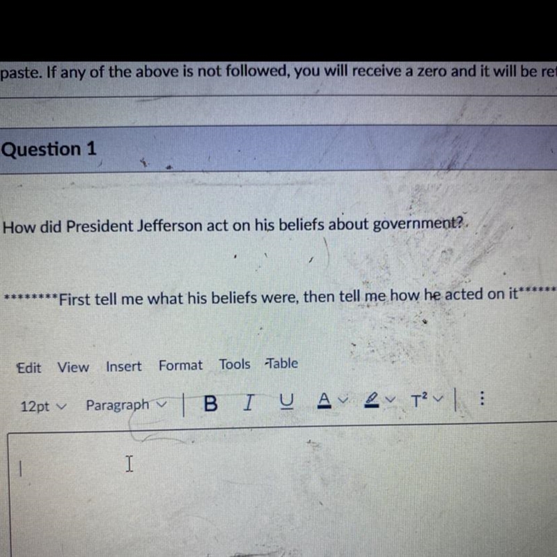 First tell me what president Jefferson’s beliefs were and then tell me how he acted-example-1