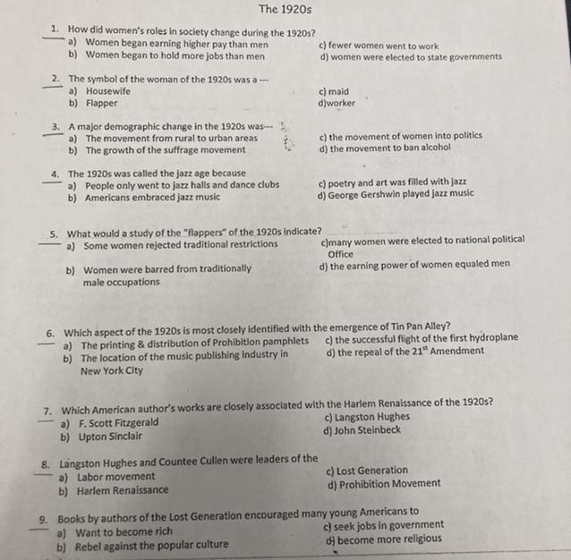 The 1920s assignment I need help with 1-9 50pts thanks in advance.-example-1