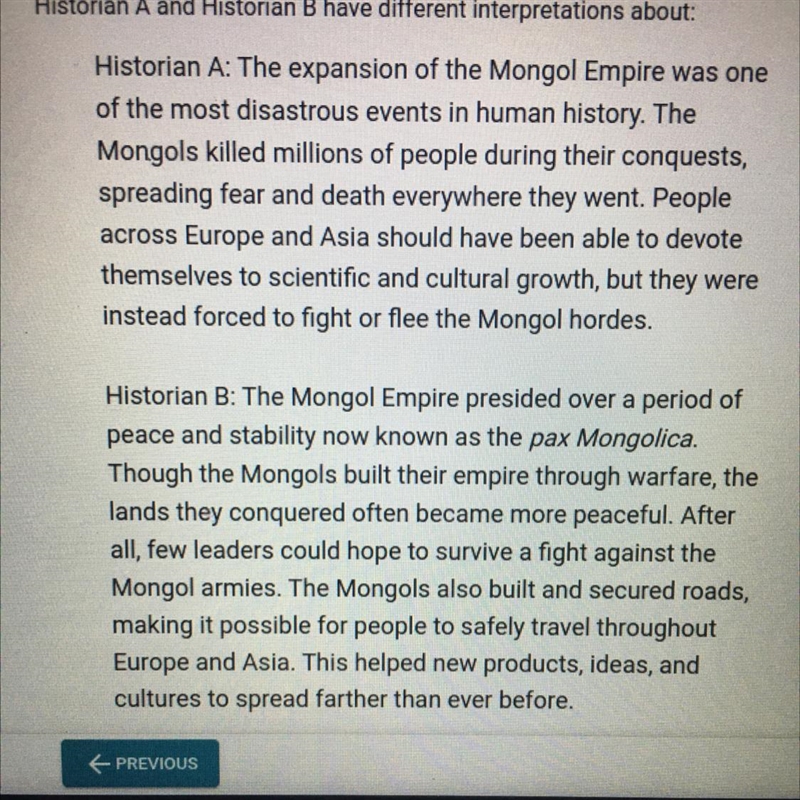 Can someone plz help me? :( A. the quality of the roads built within the Mongol Empire-example-1