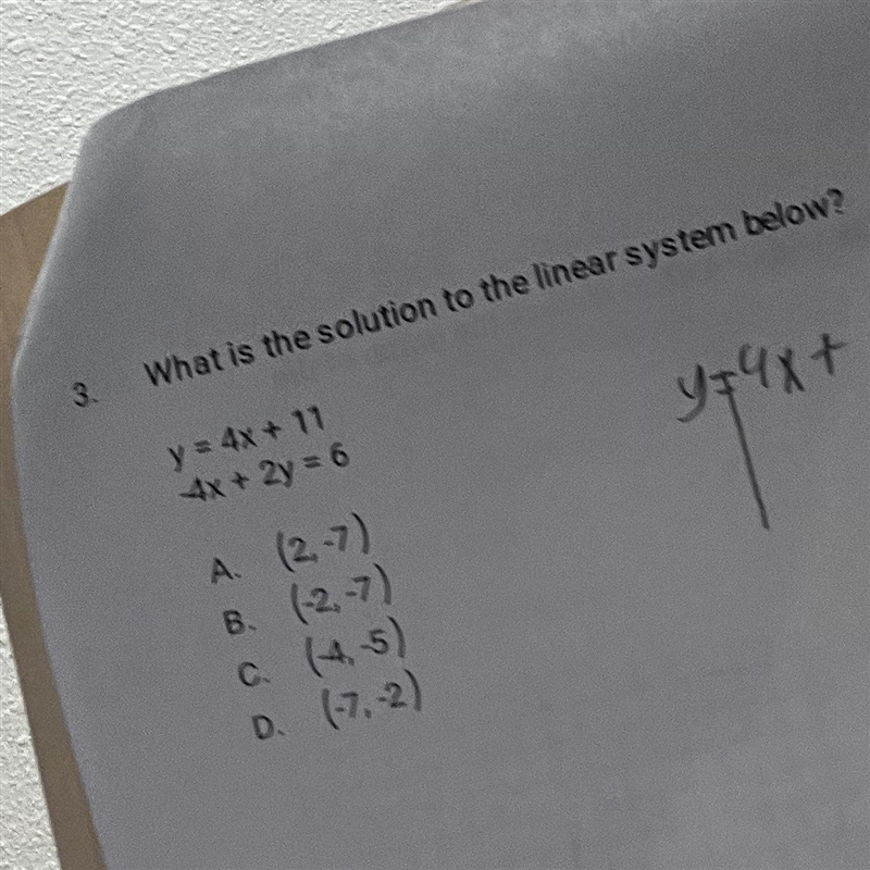 3. What is the solution to the linear system below? y = 4x + 11 x + 2y = 6-example-1