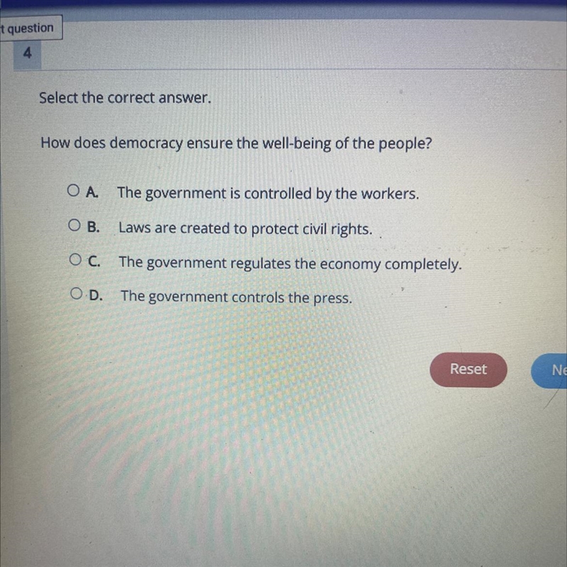 Select the correct answer. How does democracy ensure the well-being of the people-example-1