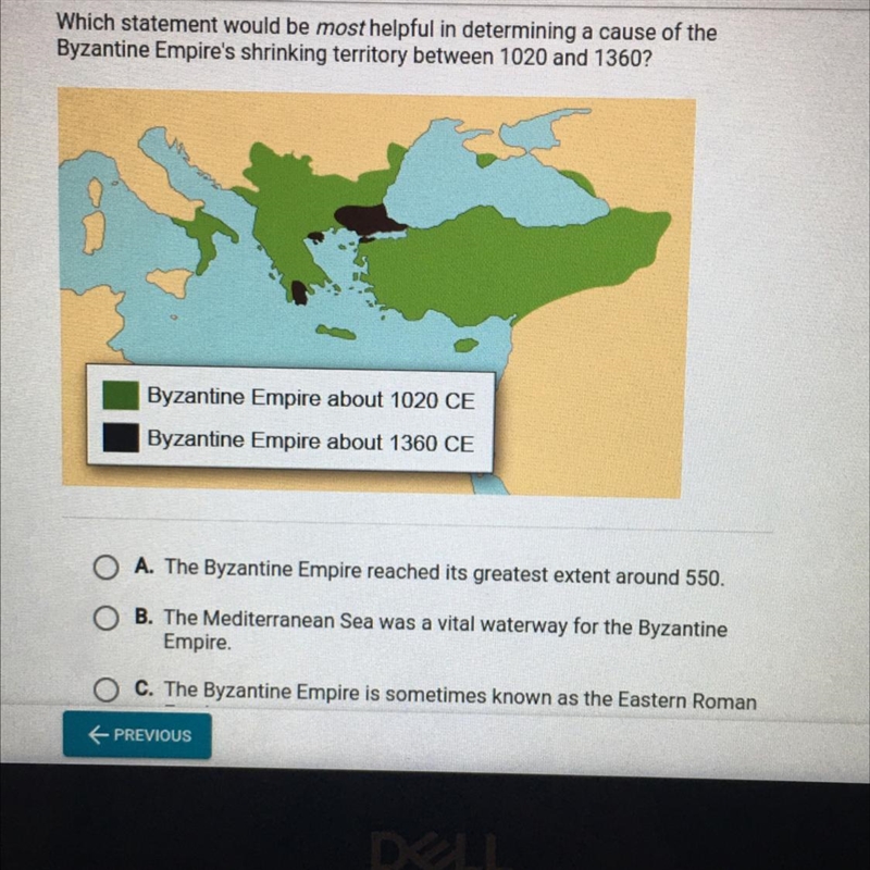 Can someone please help me? :( A. The Byzantine Empire reached its greatest extent-example-1