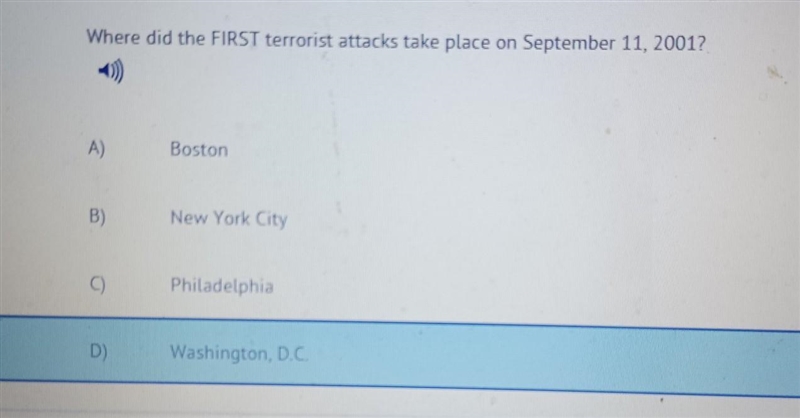 Where did the FIRST terrorist attacks take place on September 11, 2001? Boston New-example-1