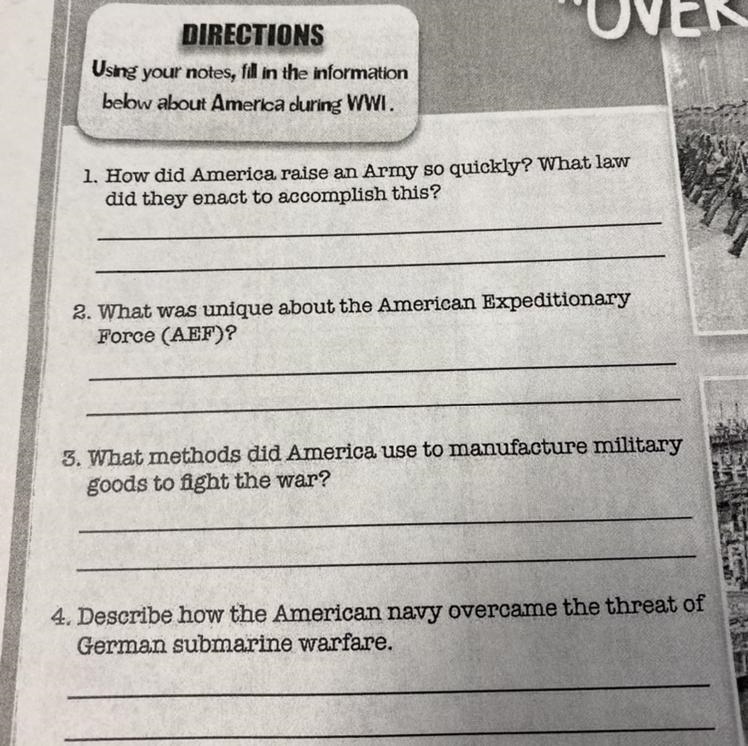 DIRECTIONS Using your notes, fill in the information bebw about America during WWI-example-1