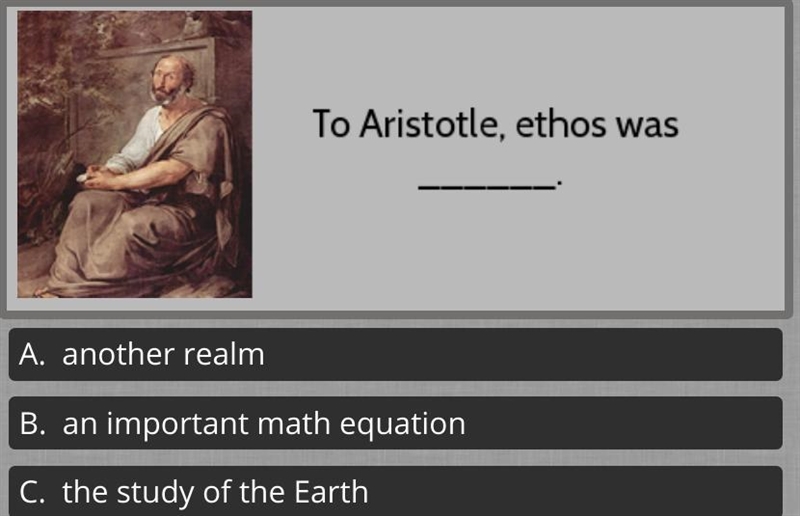 To Aristotle, ethos was ________.-example-1