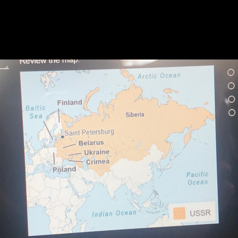 Review the map Which of these areas were part of the USSR? Arctic Ocean Finland Baltic-example-1