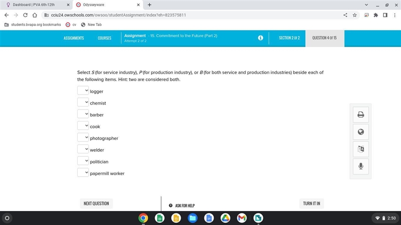 Select S (for service industry), P (for production industry), or B (for both service-example-1