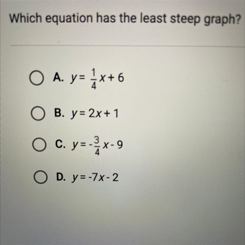 Which equation has the least steep graph-example-1