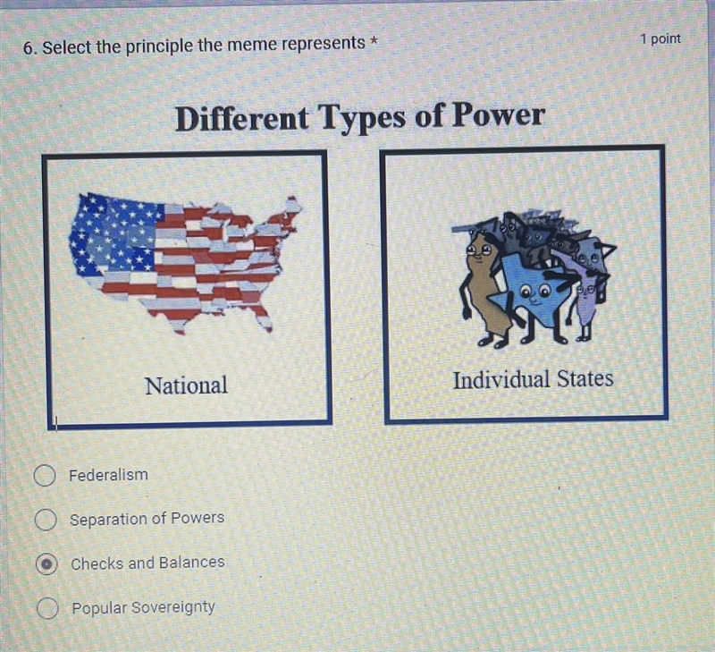 6. Select the principle the meme represents * O Federalism O Separation of Powers-example-1