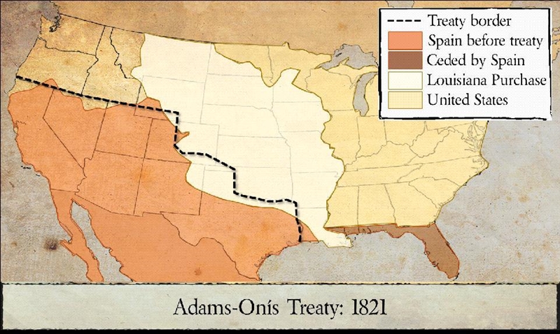 Examine the map showing the Adams-Onís Treaty of 1821. What impact did the Adams-On-example-1