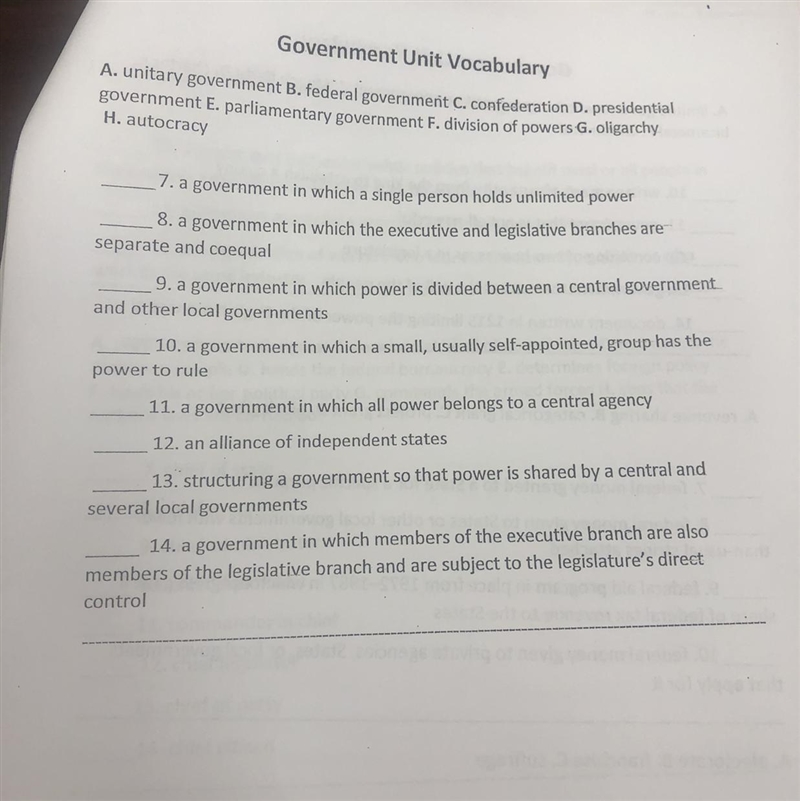 Government Unit Vocabulary A. unitary government B. federal government C. confederation-example-1