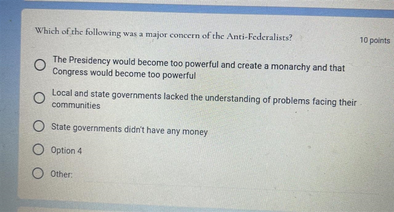 Which of the following was a major concern of the Anti-Federalists?-example-1