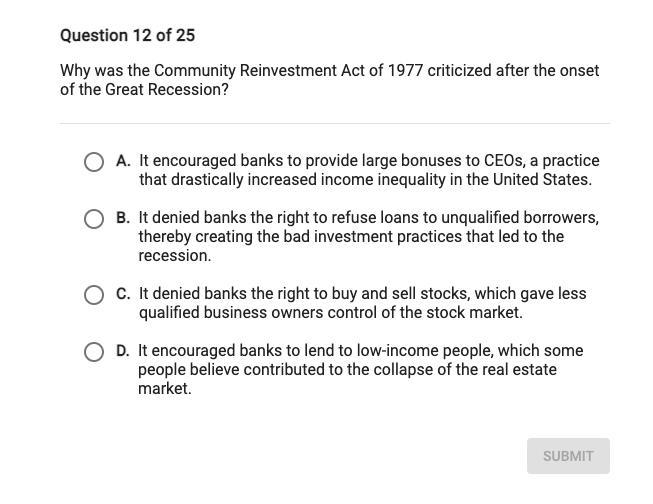 Why was the Community Reinvestment Act of 1977 criticized after the onset of the Great-example-1