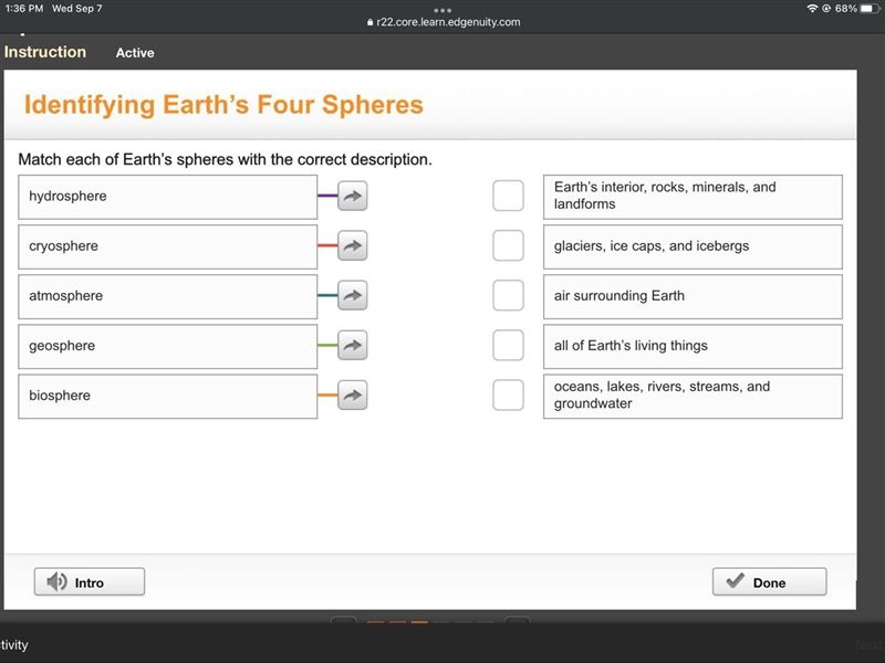 Match each of earth's spheres with the correct description-example-1