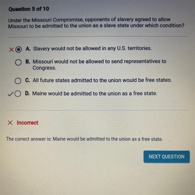 Under the Missouri Compromise, opponents of slavery agreed to allow Missouri to be-example-1